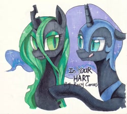 Size: 711x640 | Tagged: safe, artist:rocy canvas, nightmare moon, queen chrysalis, alicorn, changeling, changeling queen, pony, chrysmoon, cute, cutealis, female, lesbian, mare, misspelling, moonabetes, shipping, simple background, text, tongue out, traditional art, white background