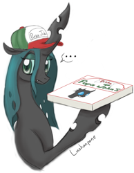 Size: 953x1228 | Tagged: safe, artist:luohanpone, queen chrysalis, changeling, changeling queen, food, hat, papa john's, pizza, pun, solo, visual pun