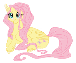 Size: 800x669 | Tagged: safe, artist:deepfriedrainbows, fluttershy, pegasus, pony, chest fluff, long hair, long mane, long tail, looking at you, prone, simple background, solo, unshorn fetlocks