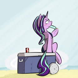 Size: 1000x1000 | Tagged: safe, artist:thattagen, starlight glimmer, pony, unicorn, beach, bikini, clothes, food, ice box, ice cream, newbie artist training grounds, sea salt ice cream, soda, swimsuit