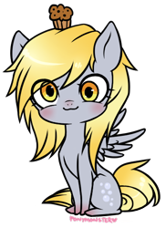 Size: 378x519 | Tagged: safe, artist:ponymonster, derpy hooves, pegasus, pony, female, mare, muffin, simple background, solo, transparent background