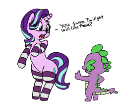 Size: 1280x1103 | Tagged: safe, artist:pabbley, spike, starlight glimmer, dragon, pony, unicorn, bipedal, clothes, female, implied twistarlight, male, mare, open mouth, question, simple background, smiling, socks, striped socks, thumbs up, white background