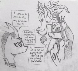 Size: 2324x2117 | Tagged: safe, artist:arcanelexicon, discord, queen chrysalis, tempest shadow, changeling, changeling queen, my little pony: the movie, sketch, traditional art