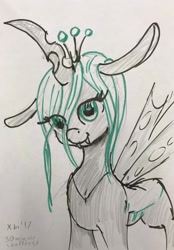 Size: 1280x1838 | Tagged: safe, artist:xbi, queen chrysalis, changeling, changeling queen, 30 minute art challenge, crown, curved horn, cute, cutealis, fangs, jewelry, regalia, smiling, solo, traditional art