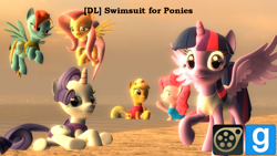 Size: 1366x768 | Tagged: safe, artist:sdowburns, derpibooru import, applejack, fluttershy, pinkie pie, rainbow dash, rarity, twilight sparkle, twilight sparkle (alicorn), alicorn, earth pony, pegasus, pony, unicorn, 3d, clothes, downloadable, gmod, mane six, source filmmaker, swimsuit