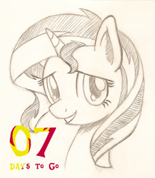 Size: 981x1126 | Tagged: safe, artist:flutterluv, part of a set, sunset shimmer, pony, unicorn, season 5, bust, countdown, looking at you, mixed media, portrait, sketch, smiling, solo, traditional art