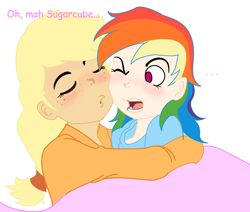 Size: 1660x1407 | Tagged: safe, artist:claireannecarr, applejack, rainbow dash, appledash, female, humanized, imminent kissing, kissing, lesbian, shipping