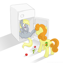 Size: 1250x1250 | Tagged: safe, artist:inceri, carrot top, derpy hooves, golden harvest, pegasus, pony, featureless crotch, female, i emptied your fridge, mare, refrigerator