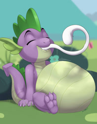 Size: 1280x1629 | Tagged: safe, artist:nummynumz, spike, dragon, belly, eaten alive, fetish, male, mew, on back, pokémon, predation, spipred, tail sticking out, vore