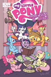 Size: 422x640 | Tagged: safe, artist:katiecandraw, derpibooru import, idw, apple bloom, applejack, fluttershy, pinkie pie, rainbow dash, rarity, scootaloo, spike, sweetie belle, twilight sparkle, dragon, earth pony, pegasus, pony, unicorn, age regression, balloon, cover, cutie mark crusaders, egg, issue 17, katie does it again, mane six, muppet babies, retailer incentive, spike's egg, younger