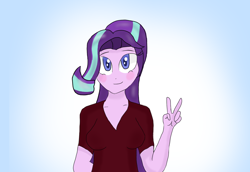 Size: 1376x947 | Tagged: safe, artist:mildockart, starlight glimmer, equestria girls, clothes, cute, equestria girls-ified, glimmerbetes, peace sign, smiling, solo