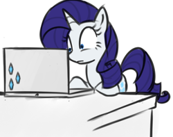Size: 518x408 | Tagged: safe, artist:bambooharvester, rarity, pony, unicorn, computer, cropped, cutie mark, eyelashes, horn, laptop computer, simple background, solo, white background, wide eyes