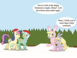 Size: 700x525 | Tagged: safe, artist:feral socks, bon bon, derpy hooves, dinky hooves, lyra heartstrings, sweetie drops, pegasus, pony, christmas, competition:derpibooru 2012, easter, female, hat, hearth's warming, lesbian, lyrabon, mare, santa hat, shipping, valentine's day