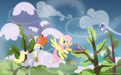 Size: 1920x1200 | Tagged: safe, artist:professorbasil, derpy hooves, fluttershy, rarity, bird, pegasus, pony, unicorn, clothes, female, mare, present, scarf, umbrella