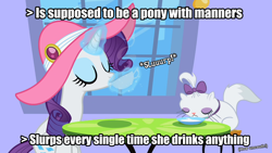 Size: 1280x720 | Tagged: safe, edit, edited screencap, screencap, opalescence, rarity, pony, unicorn, sweet and elite, canterlot, caption, drinking, duo, greentext, hat, magic, meta, milk, table, text, uncouth, window