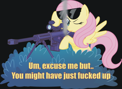 Size: 700x516 | Tagged: safe, artist:maishida, fluttershy, pegasus, pony, barrett, bipedal, bush, female, flutterbadass, gun, hooves, image macro, m82a3, mare, one eye closed, optical sight, rifle, smoking, sniper, sniper rifle, snipershy, solo, spread wings, sunglasses, text, vulgar, weapon, wings