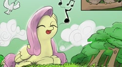 Size: 886x485 | Tagged: safe, artist:valcron, fluttershy, pegasus, pony, cute, female, mare, singing