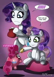 Size: 550x779 | Tagged: safe, artist:xjkenny, pinkie pie, rarity, sweetie belle, pony, unicorn, bipedal, exclamation point, pinkie bank, speech