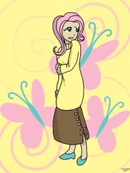 Size: 768x1024 | Tagged: safe, artist:themeaningofj, fluttershy, clothes, humanized, skinny, skirt, sweatershy