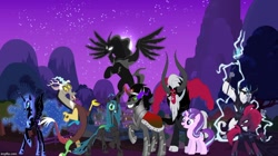 Size: 888x499 | Tagged: safe, artist:edro, discord, king sombra, lord tirek, nightmare moon, pony of shadows, queen chrysalis, starlight glimmer, storm king, stygian, tempest shadow, alicorn, centaur, changeling, changeling queen, draconequus, unicorn, my little pony: the movie, shadow play, antagonist, armor, broken horn, every villain, glowing eyes, night, ponyville, spread wings, staff, staff of sacanas, villains of equestria, wings