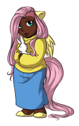 Size: 726x1158 | Tagged: safe, artist:collaredginger, angel bunny, fluttershy, clothes, eared humanization, humanized, simple background, skirt, tailed humanization, undercut, winged humanization