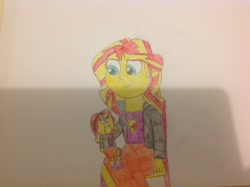 Size: 2056x1536 | Tagged: safe, artist:hmcvirgo92, sunset shimmer, clothes, female, solo, traditional art, two toned hair, ventriloquism