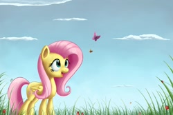 Size: 1500x1000 | Tagged: dead source, safe, artist:polkin, fluttershy, butterfly, insect, ladybug, pegasus, pony, cloud, flower, grass, solo