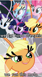 Size: 444x821 | Tagged: safe, derpibooru import, edit, edited screencap, screencap, applejack, fluttershy, pinkie pie, rainbow dash, rarity, twilight sparkle, twilight sparkle (alicorn), alicorn, breezie, it ain't easy being breezies, season 4, applebreezie, breezie pie, breeziefied, carlosjack, image macro, meme, prediction, rainbow breez, rarbreez, species swap, twilight breezie