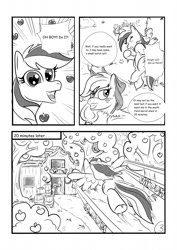 Size: 905x1280 | Tagged: safe, artist:kyokimute, applejack, rainbow dash, earth pony, pegasus, pony, comic:cider showers, blushing, comic, heart, mare, monochrome