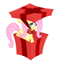 Size: 653x707 | Tagged: safe, artist:nun2artzy, fluttershy, pegasus, pony, bowtie, present, ribbon, simple background, solo, transparent background