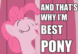 Size: 1000x694 | Tagged: safe, pinkie pie, earth pony, pony, best pony, image macro, meme, smiling, solo