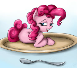 Size: 1112x993 | Tagged: safe, artist:rule1of1coldfire, pinkie pie, earth pony, pony, bedroom eyes, ear fluff, female, lying down, mare, open mouth, plate, smiling, solo, spoon