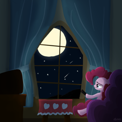 Size: 1024x1024 | Tagged: safe, artist:ifthemainecoon, pinkie pie, earth pony, pony, moon, night, remote, television, unamused, window