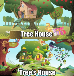 Size: 500x515 | Tagged: safe, apple bloom, applejack, scootaloo, sweetie belle, earth pony, pony, clubhouse, comic, crusaders clubhouse, cutie mark crusaders, fluttershy's cottage, fluttertree, pun, treehouse