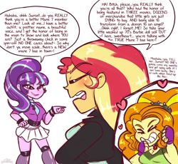 Size: 1326x1220 | Tagged: safe, artist:princesscallyie, adagio dazzle, starlight glimmer, sunset shimmer, equestria girls, equestria girls-ified, implied sunsagio, implied voice actor joke, rivalry, sunset vs starlight debate