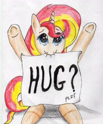 Size: 2382x2874 | Tagged: safe, artist:40kponyguy, derpibooru exclusive, sunset shimmer, pony, unicorn, cute, heart eyes, hug, hug request, mouth hold, shimmerbetes, sign, solo, traditional art, wingding eyes