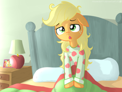 Size: 1024x768 | Tagged: safe, artist:frankier77, applejack, earth pony, pony, bed mane, clothes, loose hair, morning ponies, pajamas, solo, yawn