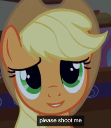 Size: 304x352 | Tagged: safe, edit, screencap, applejack, earth pony, pony, bridle gossip, cropped, dissonant caption, female, inverted mouth, kill me, mare, meme, solo, text, youtube caption