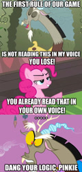 Size: 557x1164 | Tagged: artist needed, source needed, safe, discord, pinkie pie, draconequus, earth pony, pony, ..., comic, eyes closed, female, fourth wall, image macro, lidded eyes, male, mare, smiling, text