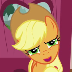 Size: 360x360 | Tagged: safe, edit, edited screencap, screencap, applejack, earth pony, pony, applebuck season, inverted mouth, solo