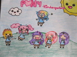 Size: 4000x3000 | Tagged: safe, artist:mylittlejazzfreak, derpibooru import, applejack, fluttershy, pinkie pie, rainbow dash, rarity, twilight sparkle, human, chibi, eyes closed, humanized, kindergarten, mane six, stars, sun, younger