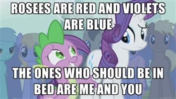 Size: 400x225 | Tagged: safe, edit, edited screencap, screencap, rarity, spike, dragon, pony, unicorn, boast busters, bad pickup line spike, caption, female, innuendo, male, mare