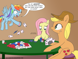 Size: 2800x2100 | Tagged: safe, artist:halflingpony, derpibooru import, applejack, fluttershy, rainbow dash, earth pony, pegasus, pony, angry, atg 2017, dialogue, flying, gradient background, newbie artist training grounds, poker, poker face, shrunken pupils, sitting