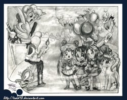 Size: 792x624 | Tagged: safe, artist:todd18, fluttershy, pinkie pie, spike, dragon, earth pony, pegasus, pony, balloon, cake, cerebella, crossover, ice cream, monochrome, parasoul, sailor moon, skullgirls