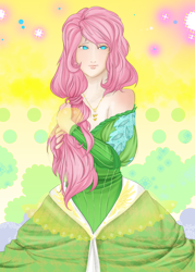 Size: 1750x2450 | Tagged: safe, artist:bigbuxart, fluttershy, clothes, dress, gala dress, humanized, solo