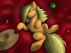 Size: 1000x739 | Tagged: safe, artist:jinyaranda, applejack, earth pony, pony, apple, loose hair, obligatory apple, on back, sleeping