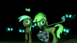 Size: 1280x720 | Tagged: safe, artist:johnsilents, quarter hearts, queen chrysalis, twilight sparkle, breezie, changeling, changeling queen, pony, 3d, baby changeling, breeziefied, epona, glowing eyes, hylian shield, link, master sword, navi, ponified, source filmmaker, species swap, the legend of zelda