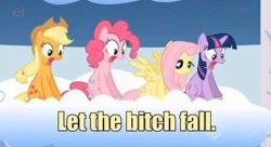 Size: 480x261 | Tagged: safe, derpibooru import, edit, edited screencap, screencap, applejack, fluttershy, pinkie pie, twilight sparkle, earth pony, pegasus, pony, sonic rainboom (episode), caption, ei, hub logo, image macro, vulgar