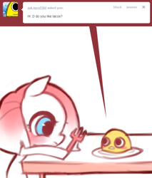 Size: 500x587 | Tagged: dead source, safe, pinkie pie, pony, ask, dialogue, food, fork, hoof hold, pinkamena diane pie, plate, simple background, table, taco, white background, younger