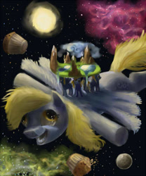 Size: 500x600 | Tagged: artist needed, safe, derpy hooves, pegasus, pony, discworld, female, flat world, great a'tuin, mare, moon, muffin, space, sun